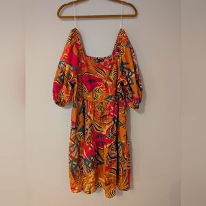 Midi Dress Vacation Mlle Gabrielle Colorful Tiered Floral Puff Sleeve Size L